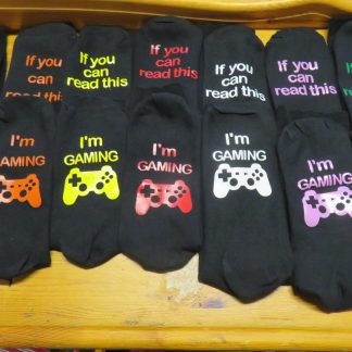 Black Gaming Socks available in 5 sizes and a choice of design colour