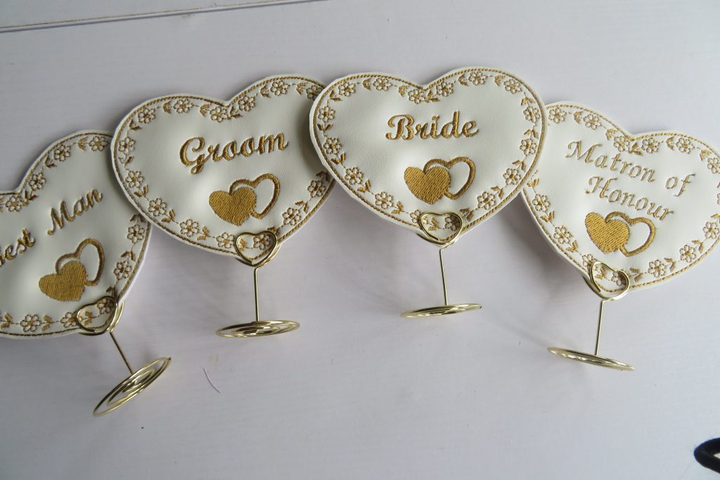 Bridal Embroidered Top Table Place names with wire Heart stand included