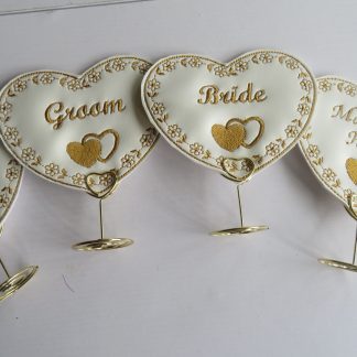 Bridal Embroidered Top Table Place names with wire Heart stand included